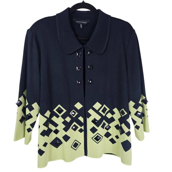 Ming Wang Jewel Embellished Cardigan Jacket XL Lime Green & Black 3/4 Sleeve Art - Picture 1 of 10
